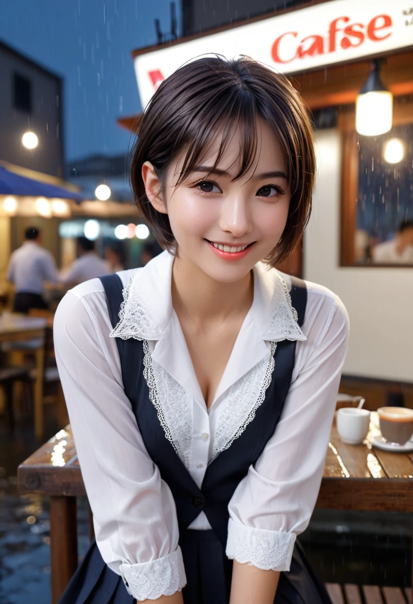 (8k, best quality, masterpiece:1.2), (realistic, photo-realistic:1.37), ultra-detailed, 1 girl, cute, 独奏, beautiful detailed sky, detailed cafe, night, sitting, dating, (nose blush), (smile:1.15), (closed mouth) small breasts, beautiful detailed eyes, (collared shirt:1.1), night, Wet, business attire, rain, white lace, (short hair:1.2), floating hair NovaFrogStyle, topless ,nsfw, best quality、Sports ,field ,girl,, nsfw、Short Hair,(((1boy))), (((vaginale))), (((sex))), (penis),uniform