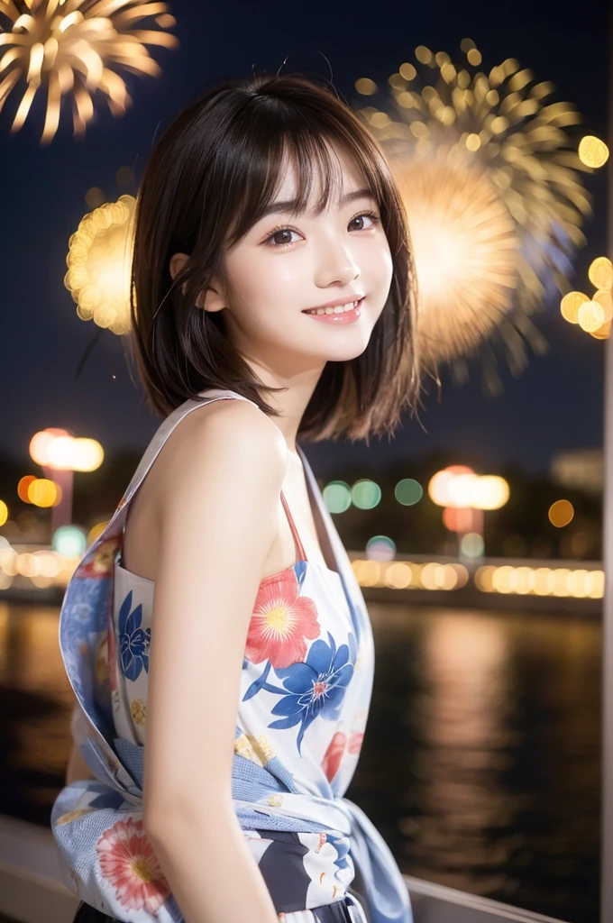 Image resolution 8K、Masterpiece:1.3)、cute、1 girl、Dark Brown Hair:1.1、(body:1.2)、Ultra-detailed face、Attractive lips、double eyelid、Ultra-realistic and detailed goldfish patterned Japanese yukata、Japanese、cute女の子、10th Generation(18-year-old)、Smiling with a nice smile、Hair blowing in the wind、Short Hairstyle、In the background, people are watching fireworks on the riverbank、