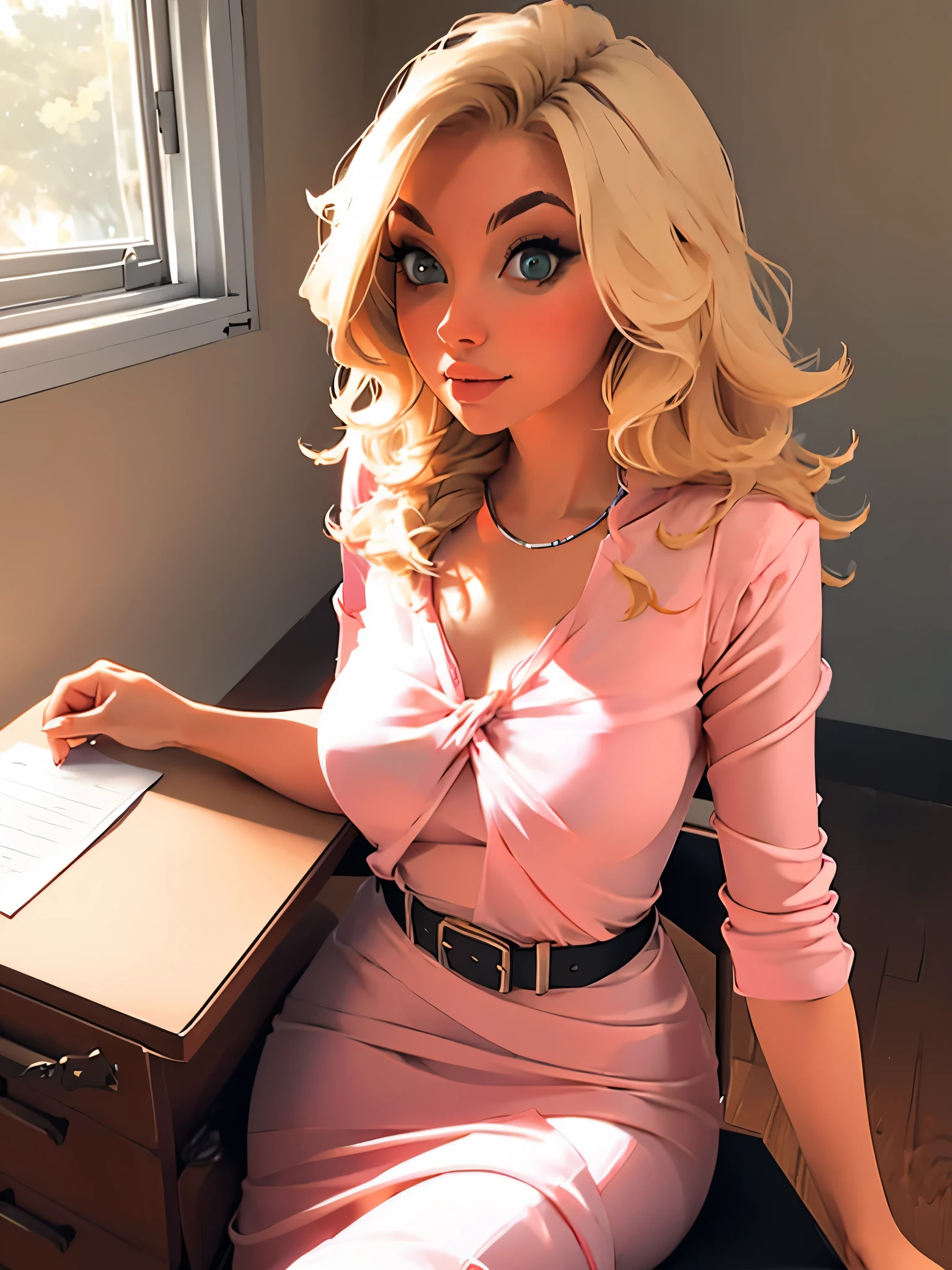 blonde woman in pink dress sitting on a desk with a black belt, a portrait by Eva Frankfurther, reddit, fantastic realism, very sexy outfit, sexy look, beautiful silky dress, blonde goddess, sexy outfit, blonde women, dressed in a pink dress, white silky outfit, wearing a blouse, a gorgeous blonde, pink body, gorgeous beautiful woman