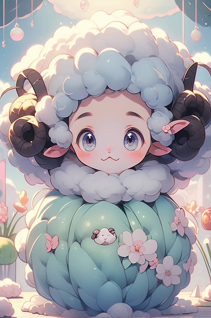 (pastel colour:1.2)、(Cute illustrations:1.2)、(Cute Sheep:1.4)、fluffy、A round ball of yarn、CoroCoro，Spin around，play、fun