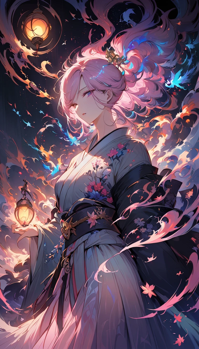 Surrealism, Very detailed, and a high-resolution 16k image of a young man, Beautiful female ghost or guardian angel. She has light pink hair and translucent skin., Wearing traditional Japanese kimono,Small cherry blossom pattern on the belt. This image captures the ethereal beauty and mystery of the world. Exquisite style, The beauty of Japanese traditional art.