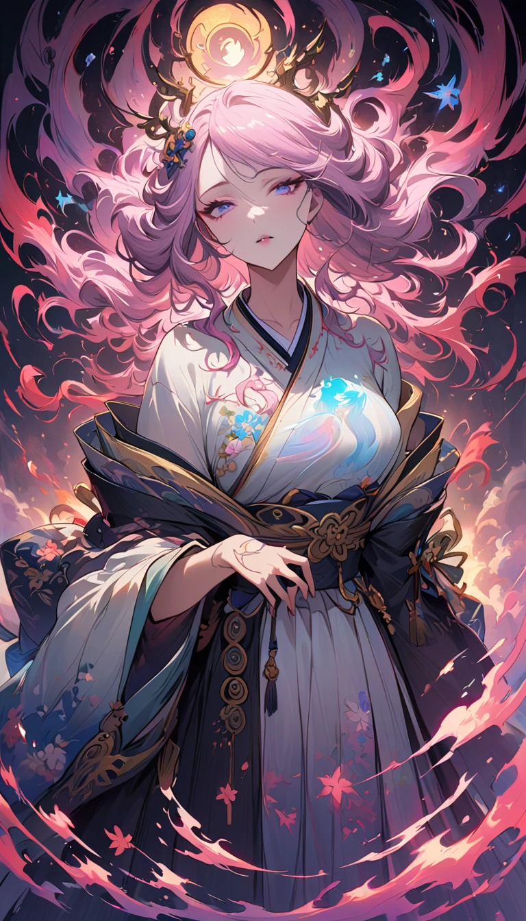 Surrealism, Very detailed, and a high-resolution 16k image of a young man, Beautiful female ghost or guardian angel. She has light pink hair and translucent skin., Wearing traditional Japanese kimono,Small cherry blossom pattern on the belt. This image captures the ethereal beauty and mystery of the world. Exquisite style, The beauty of Japanese traditional art.