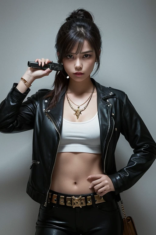 1girl, solo, jewelry, weapon, necklace, gun, handgun, cigarette