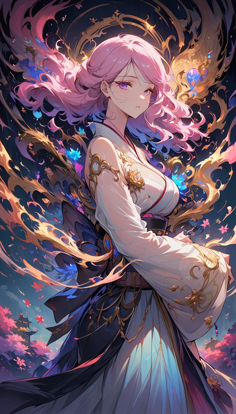 Surrealism, Very detailed, and a high-resolution 16k image of a young man, Beautiful female ghost or guardian angel. She has light pink hair and translucent skin., Wearing traditional Japanese kimono，Small cherry blossom pattern on the belt. This image captures the ethereal beauty and mystery of the world. Exquisite style, The beauty of Japanese traditional art.