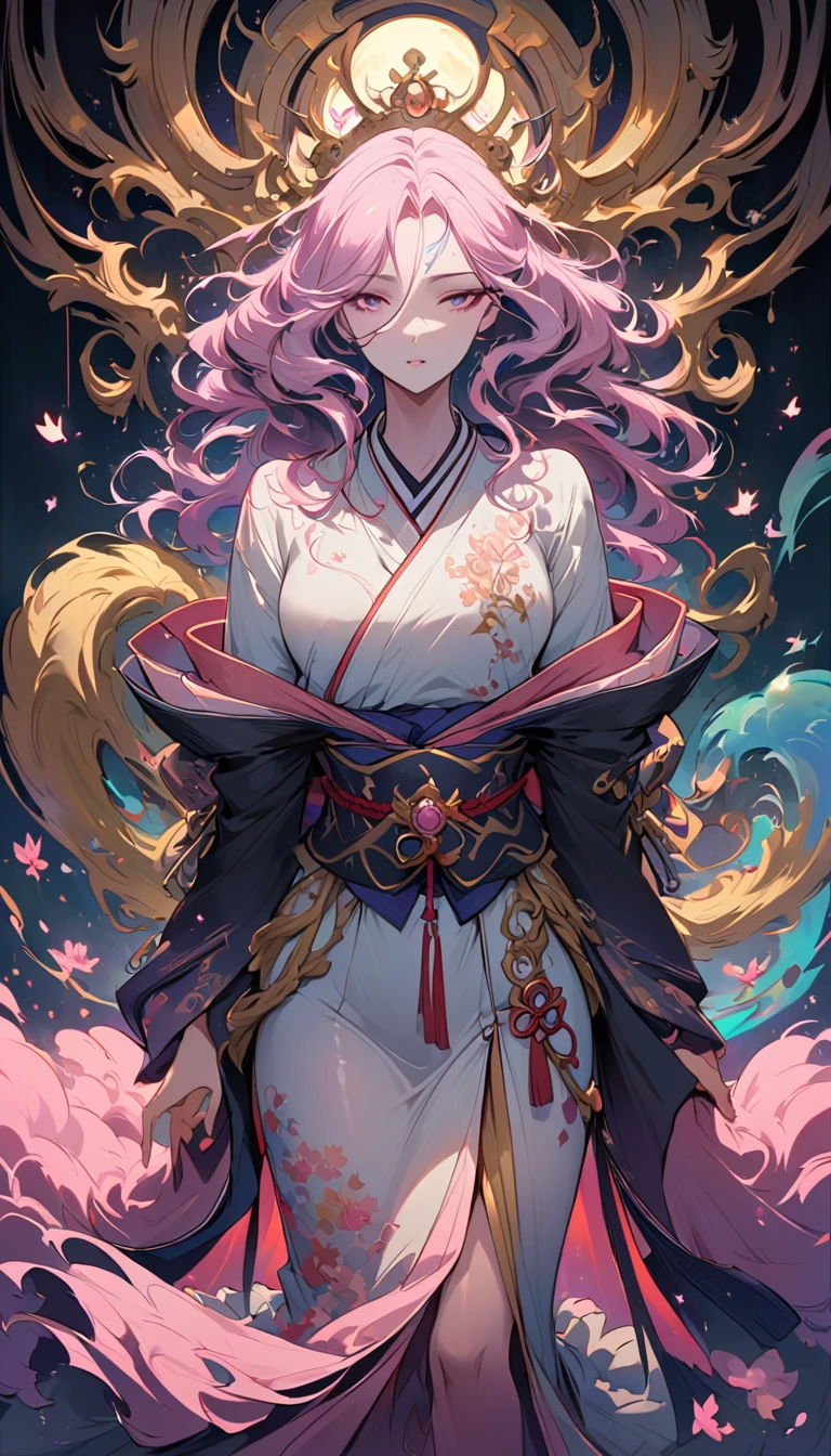 Surrealism, Very detailed, and a high-resolution 16k image of a young man, Beautiful female ghost or guardian angel. She has light pink hair and translucent skin., Wearing traditional Japanese kimono，Small cherry blossom pattern on the belt. This image captures the ethereal beauty and mystery of the world. Exquisite style, The beauty of Japanese traditional art.