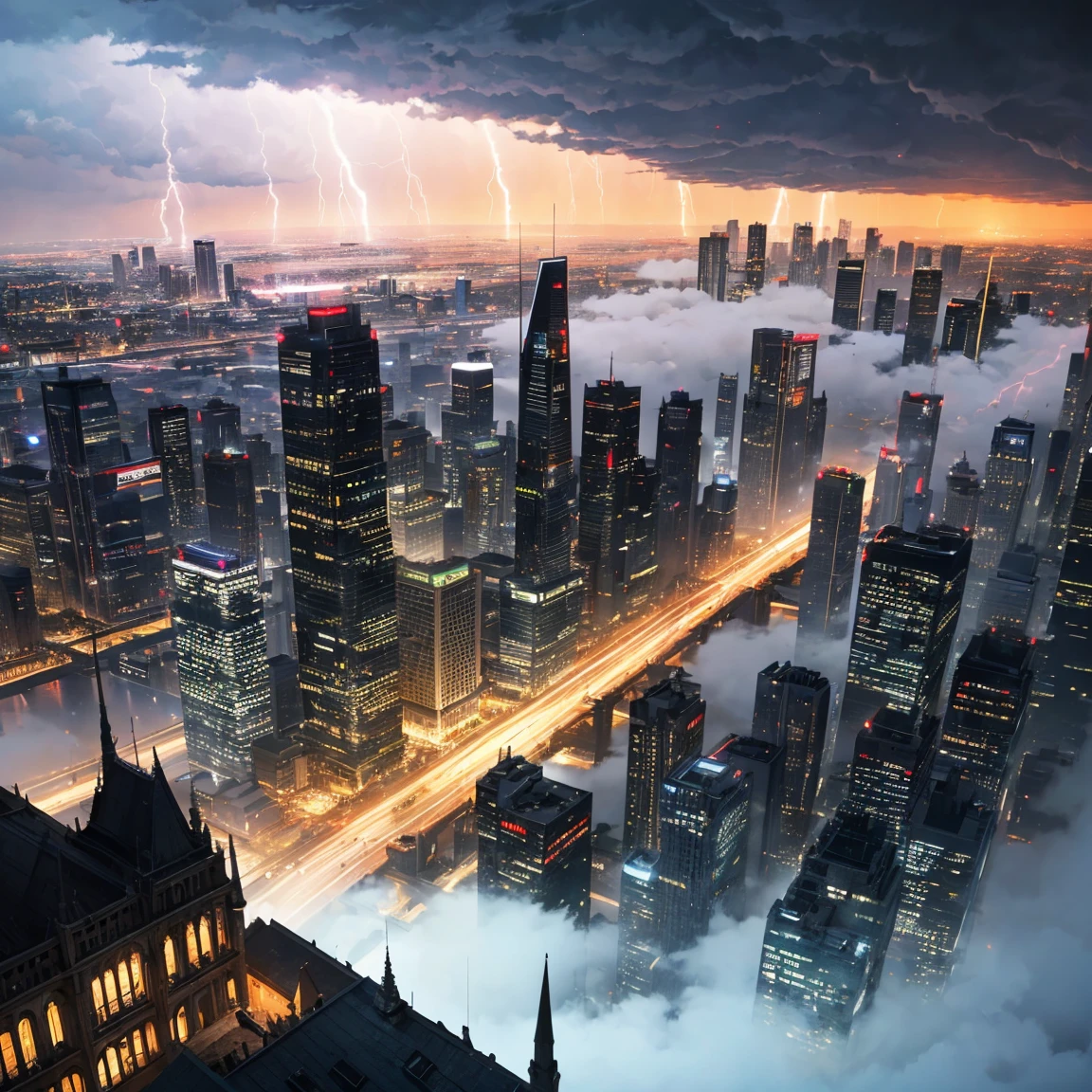 View from the airship cabin, Night view of skyscrapers, (Ultra-high resolution,8k),Fantasy, The world of picture books, (Highest quality), Super detailed, Outstanding Image, (Photorealistic), The fog rolls in, (Severe lightning strike), (Numerous flying objects)