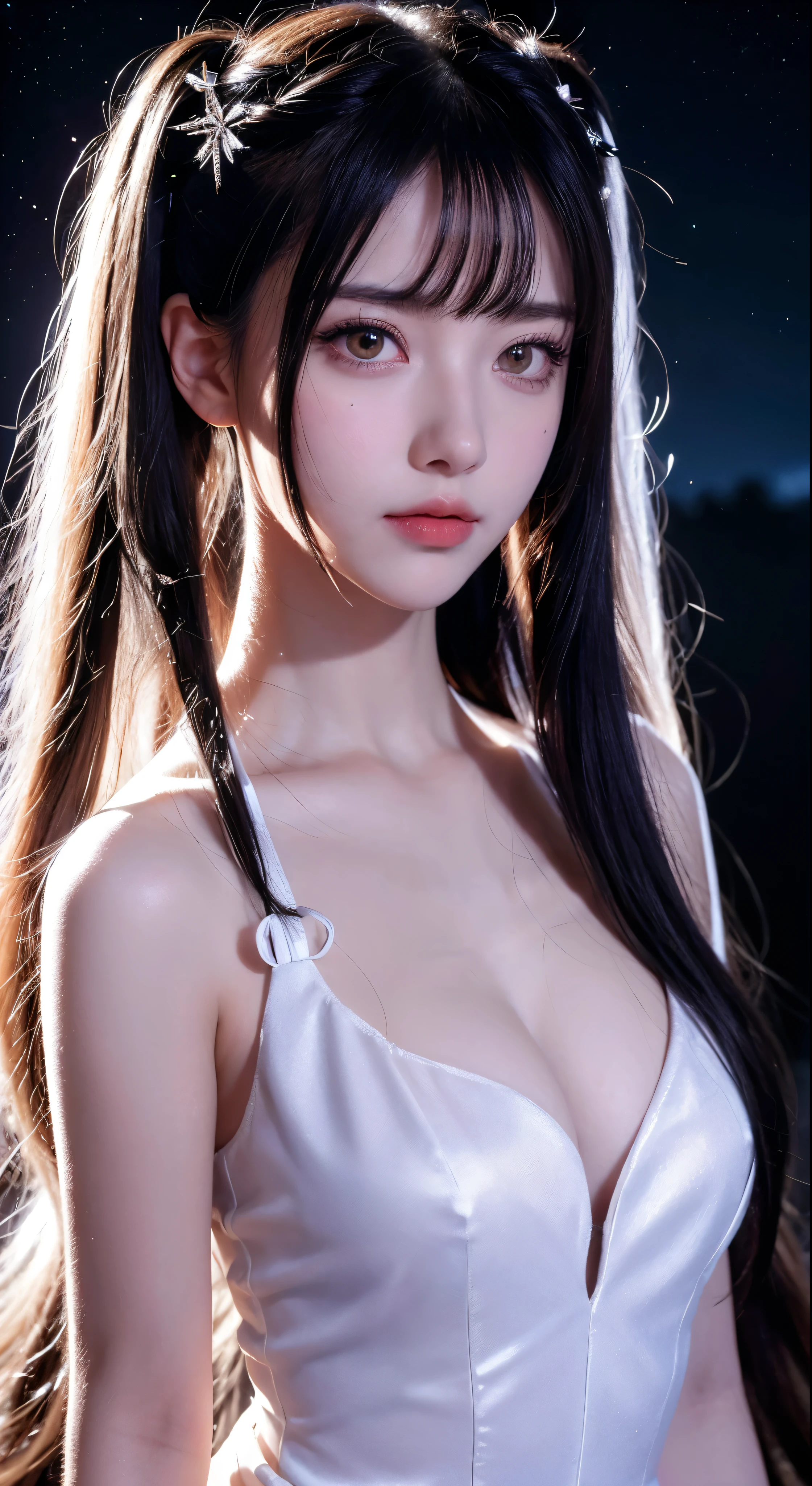 absurdres ,masterpiece, HQ, 4k, HDR, best quality, 1girl at center screen with beautifulface, white_hair. (black costume:1.2),deep dark, bangs, breasts, eyebrows_visible_through_hair, hair_ornament, light_particles, long_hair, looking_at_viewer, medium_breasts, dune surface, solo, space, star_(sky), starry_sky, twintails, very_long_hair, yellow_eyes,  transparent, see-through,(Background_Giedi_Prime_Dune:1.0), (innocent face:1.1),  beautiful eyes, volumetric lighting, real shadows.