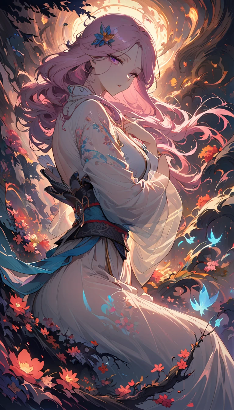 Surrealism, Very detailed, and a high-resolution 16k image of a young man, Beautiful female ghost or guardian angel. She has light pink hair and translucent skin., Wearing traditional Japanese kimono,Small cherry blossom pattern on the belt. This image captures the ethereal beauty and mystery of the world. Exquisite style, The beauty of Japanese traditional art.