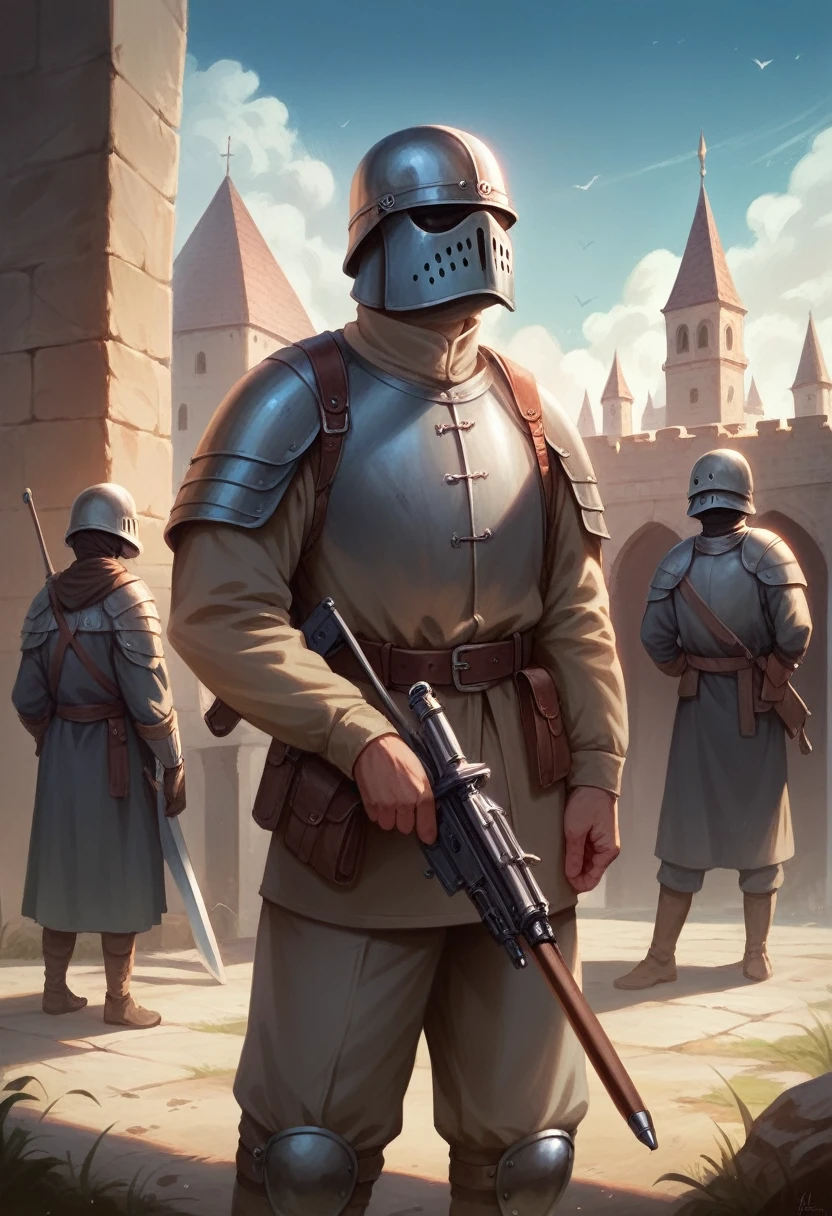 a modern soldier holding an assault rifle,medieval troops with swords and shields,vast open meadow,clear blue sky,dramatic lighting,photorealistic,8k,highly detailed,realistic,cinematic