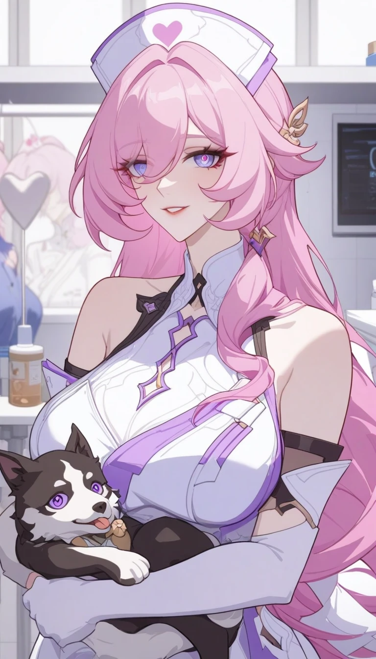masterpiece, Highest quality, so beautiful, Absurd, 1人of女of子, mature_Lady,nurse_Clothes, nurse_Have,heart,holding dog,,indoor,In a veterinary clinic,,Elysia_(Honkai_Impact), Honkai_(series), Honkai_Impact_3-digit, Elysia_(ruler_of_人between:ego)_(Honkai_Impact), 1人of女of子, elbow_gloves, Fairy, hair_between_eye, hair_ornament, Multicolor_hair, pink_hair, pink_student, pointed_ear, purple_eye, 2 Tone_hair,,floating_Clothes,