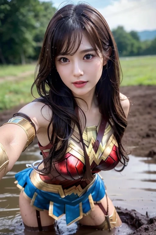 masterpiece、1 beautiful girl、A detailed eye、Puffy eyes、top-quality, 超hight resolution, (Realisticity: 1.4), cinematlic lighting、japanes、Asian Beauty、Korea person、Super beauty、Beautiful skin、(A hyper-realistic)、(hight resolution)、(8k)、(ighly detailed)、(美しくA detailed eye)、(Ultra-detail)、 (wall-)、A detailed face、Bright lighting、profetional lighting、looking at viewert、oblique bangs、nighttime scene、Brown hair、Nogizaka Idol、Korean Idol、hposing Gravure Idol、、25 year old wonder woman、Woman in Wonder Woman costume in the mud、 wet mud, Covered in mud, mud ground, Wearing a Wonder Woman costume, uhd candid photo of dirty, Flying mud, Dirty and sweaty, dirty, Wearing sweat,dirty, tar pit,severe mud stains on face、Severe costume stains、Full body shot