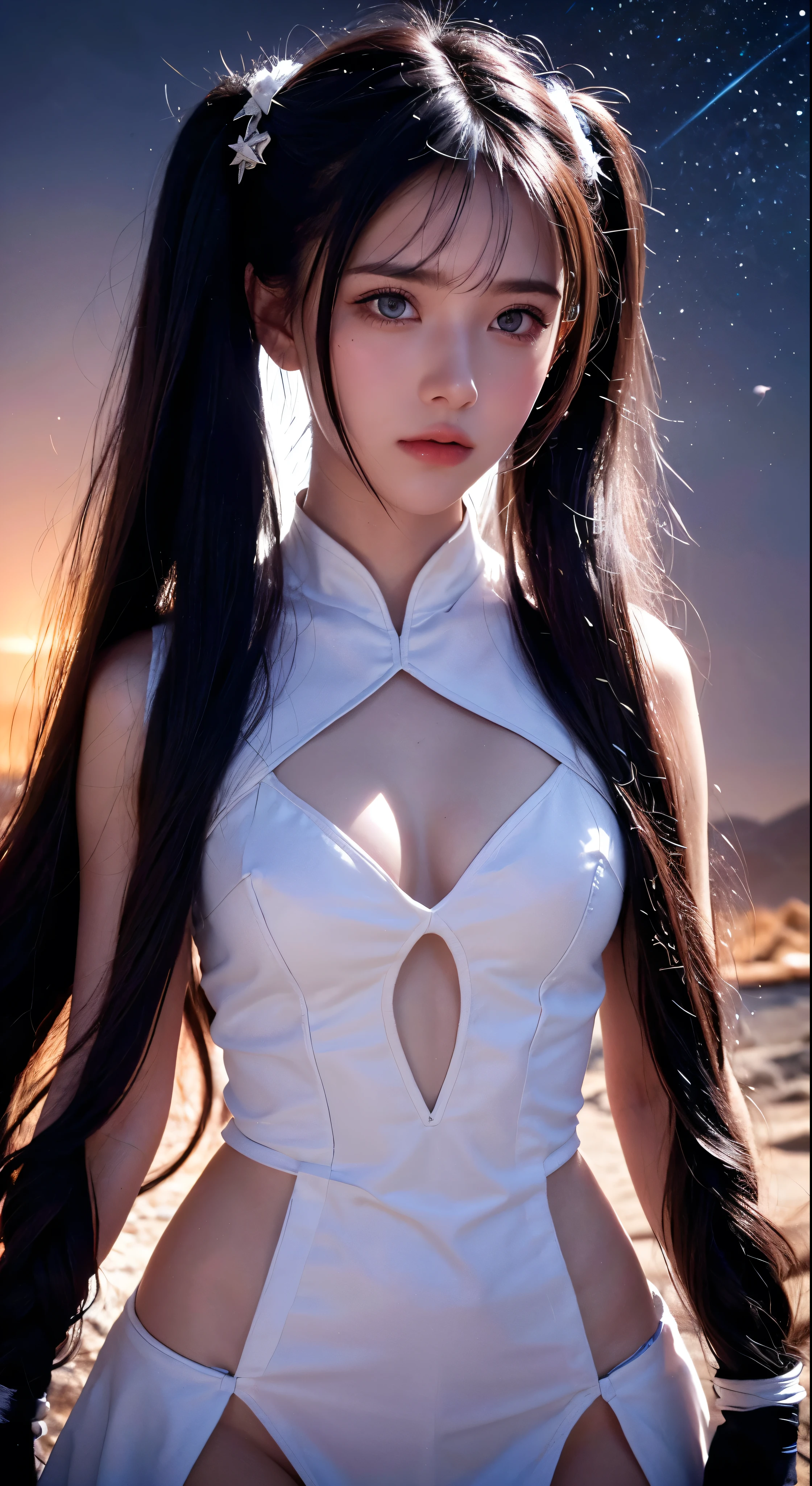 absurdres ,masterpiece, HQ, 4k, HDR, best quality, 1girl at center screen with beautifulface, white_hair. (black costume:1.2),deep dark, bangs, breasts, eyebrows_visible_through_hair, hair_ornament, light_particles, long_hair, looking_at_viewer, medium_breasts, dune surface, solo, space, star_(sky), starry_sky, twintails, very_long_hair, yellow_eyes,  transparent, see-through,(Background_Giedi_Prime_Dune:1.0), (innocent face:1.1),  beautiful eyes, volumetric lighting, real shadows.