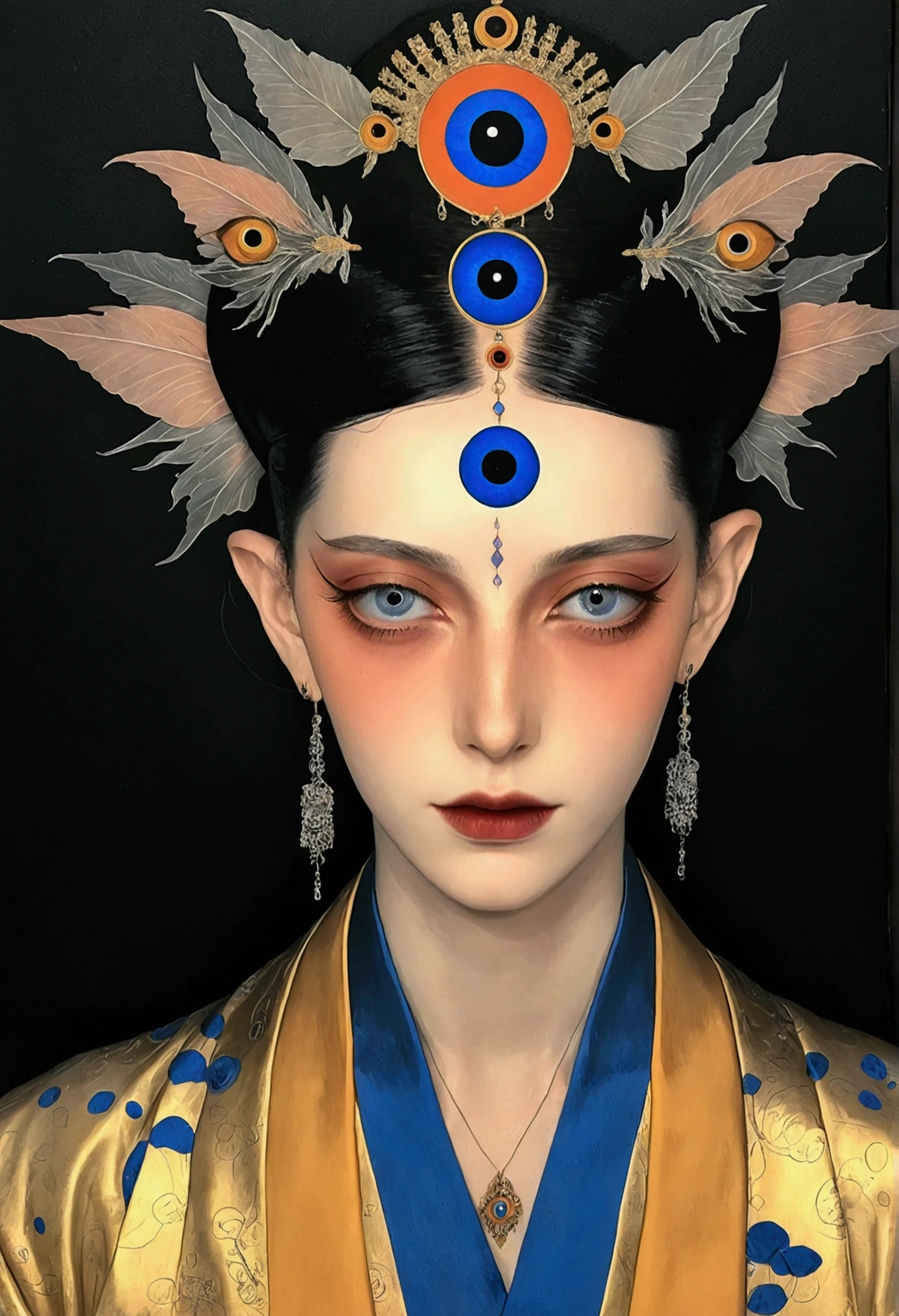 The art of math,Digital Illustration,Drawing,Decorative paintings,Watercolor,(((Harry Clark (Harry Clarke) style,圣地亚哥·卡鲁索style))),Simple,clean,Fine painting style,(((The third eye on the forehead。short hair,Pointed ears,robe))),Wide Angle,Black and blue,Solid color background,Human anatomy is correct