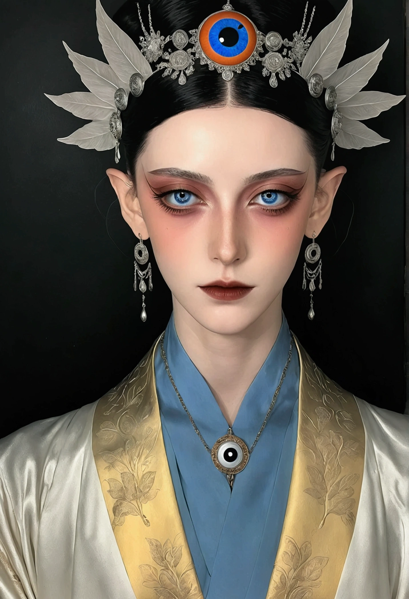 The art of math,Digital Illustration,Drawing,Decorative paintings,Watercolor,(((Harry Clark (Harry Clarke) style,圣地亚哥·卡鲁索style))),Simple,clean,Fine painting style,(((The third eye on the forehead。short hair,Pointed ears,robe))),Wide Angle,Black and blue,Solid color background,Human anatomy is correct