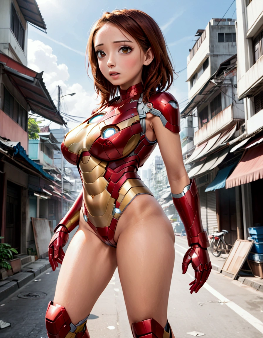 A cute woman (age 25, sexy Iron Man armor) is in the role of super hero Iron Man. She is saving Bangkok in the daytime, heroic struggle, good vs evil