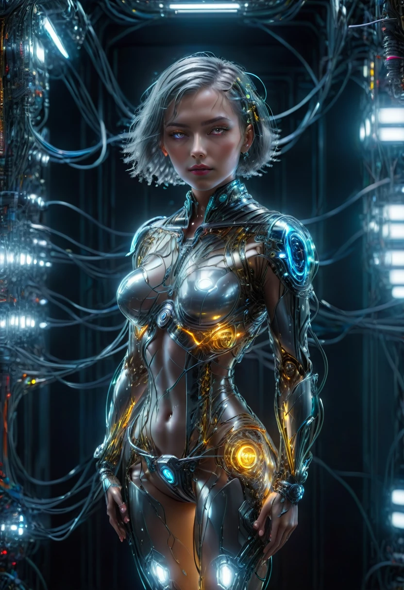 Ultra-Realistic Capture,18k,RAW Photos,Highest quality,masterpiece,reality,Very detailed,Female Android,Glamour,彼女のWet body全体が見える,(((Beautiful Skin, Transparent glass skin,Transparent muscles)), ((Clear images of electronic systems)), Detailed Brain Vision, Numerous detailed connection lines, Mechanical Limbs, Tubes connected to machine parts, Mechanical vertebrae attached to the spine, Mechanical cervical attachment to the neck,Joints are mechanical,Numerous wires and cables connected to the head, (whiteい液体のプールの中で), cybernetics, cyber punk,Sharp focus, Hyperrealism, Very detailed, Intricate details,Small glowing LED lamp, Global Illumination, Deep Shadow, Octane Rendering, Ultra Sharp, Metal, Exquisite decorative details, Baroque details, reality的な光, To the camera, Neon Details, Complex body poses, A breathtakingly beautiful female humanoid cyborg android, Impressive big eyes, Delicate features, Future SF, Complex transparent mechanical parts, Numerous glowing cybernetic implants throughout the body, Active Pause, Surreal, reality的, masterpiece,Cinema Lighting, Dramatic Shadows, Vibrant colors, very saturated, Neon Highlights, Glowing Energy Field, Complex Machinery, Sleek and modern, State-of-the-art technology, Advanced AI, Seamless integration of organic and mechanical elements,Portraiture,((Very long grey hair)),Long legs,model,Standing on tiptoes,Wet Hair,Disheveled Hair,white,Wet body,whole body,Acrobatic pose,