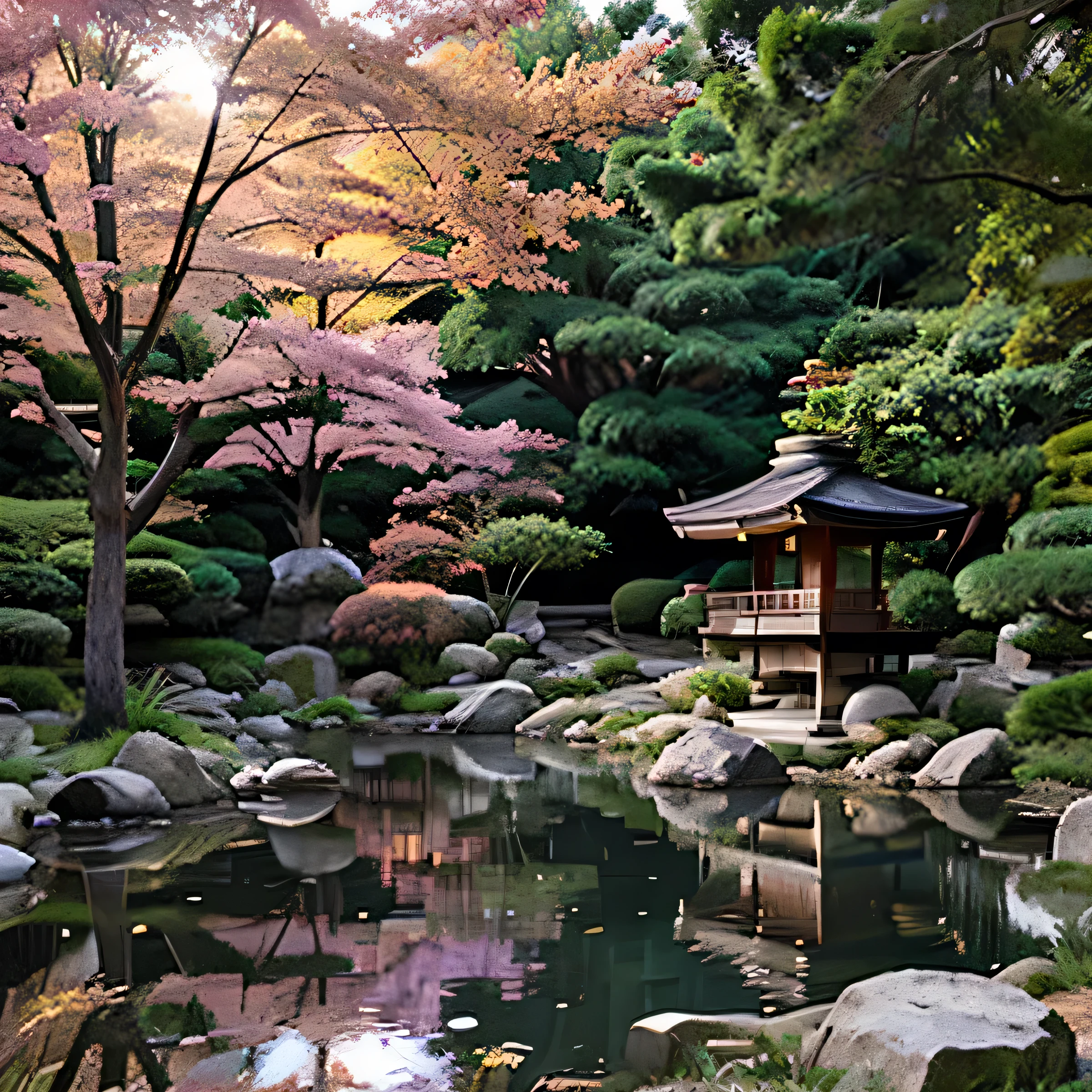 Japanese garden of the future pink Light blue purple bright