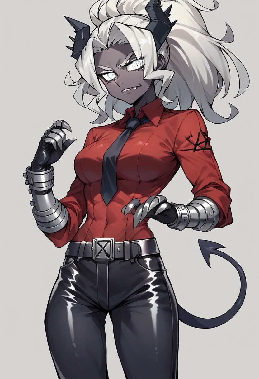 1girl, judgement \(helltaker\), ((blue elbow gloves)), ((surgical gloves)), ((latex gloves)), (red shirt), (((long sleeves))), (tie), (pants), looking at viewer, standing, solo
