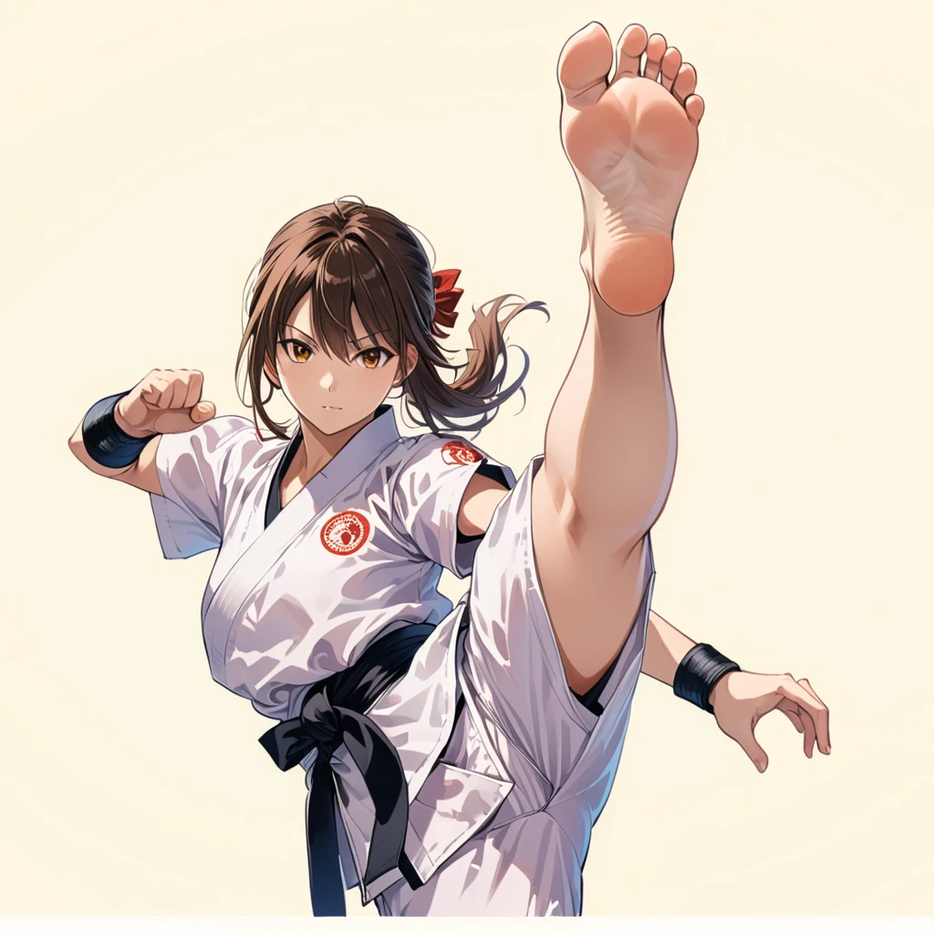 (in style of Takeshi Obata:1.3), 1girl, solo, wearing karate uniform with short sleeves, wearing sports shorts, standing on one leg, high kick, barefoot, accurate foot, accurate hands, barehands, fighting pose, martial arts, in a dojo, perfect proportions, full body portrait of a girl, (best quality,8K,high resolution,ultra-detailed,masterpiece)