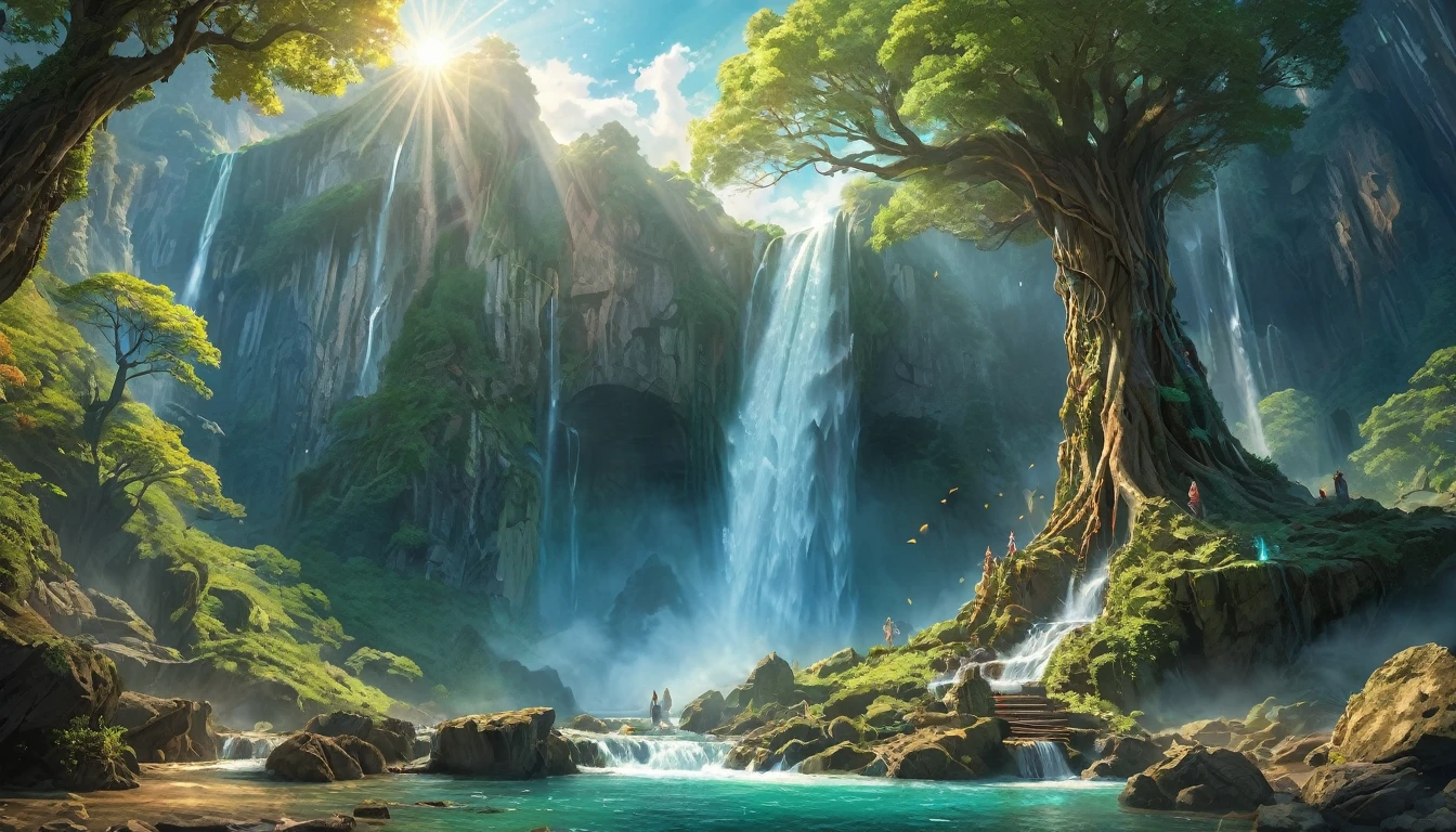 (anime, fantasy, waterfall), (best quality, highres, HDR:1.2), vibrant colors, elven atmosphere, ancient cliff, huge tree, intricate, ethereal beauty, fantastical landscapes, ethereal light, dramatic lighting, general shot