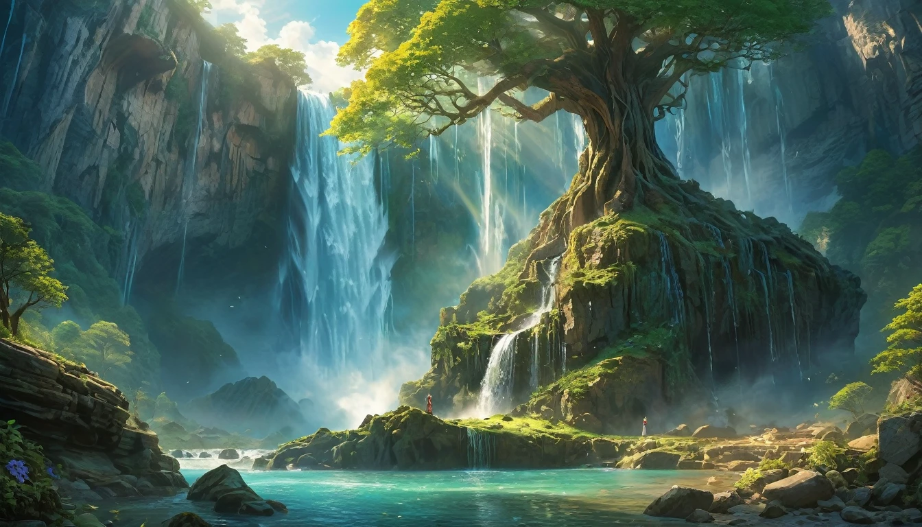 (anime, fantasy, waterfall), (best quality, highres, HDR:1.2), vibrant colors, elven atmosphere, ancient cliff, huge tree, intricate, ethereal beauty, fantastical landscapes, ethereal light, dramatic lighting, general shot