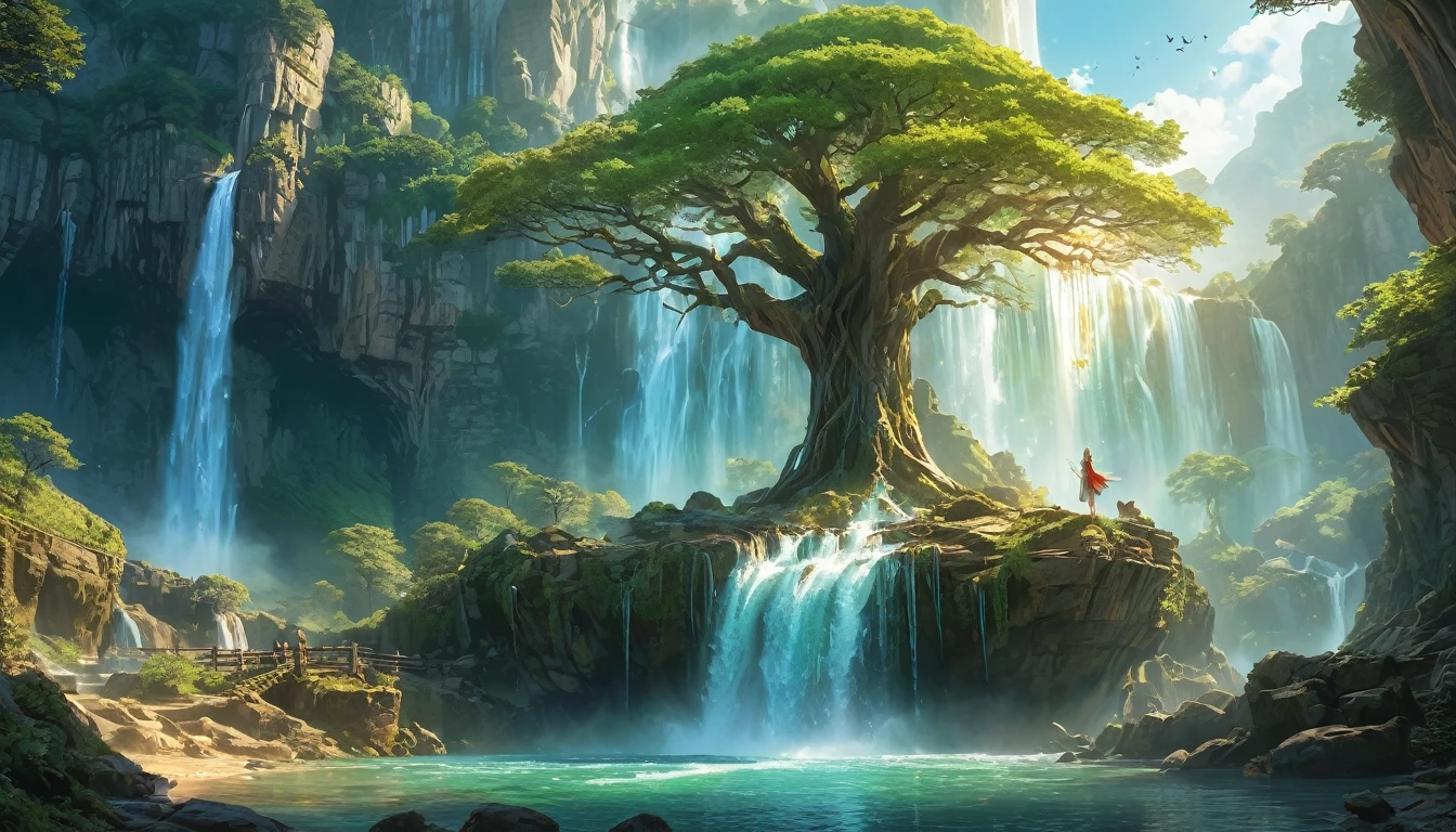 (anime, fantasy, waterfall), (best quality, highres, HDR:1.2), vibrant colors, elven atmosphere, ancient cliff, huge tree, intricate, ethereal beauty, fantastical landscapes, ethereal light, dramatic lighting, general shot