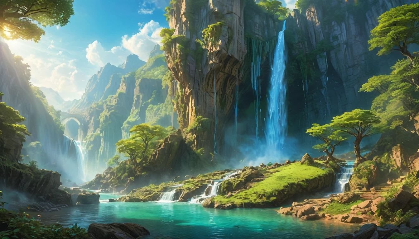 (anime, fantasy, waterfall), (best quality, highres, HDR:1.2), vibrant colors, elven atmosphere, ancient cliff, huge tree, intricate, ethereal beauty, fantastical landscapes, ethereal light, dramatic lighting, general shot