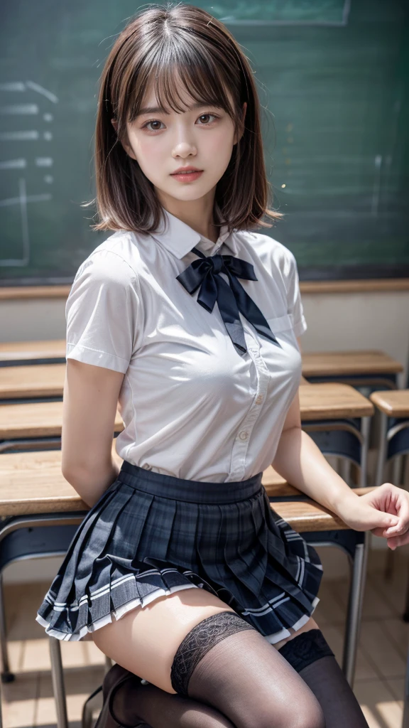 legs open, will Sex, lifts skirt slightly, Piece flies, best quality, Illustration, super detailed, fine details, High resolution, 8k,backdrop, Perfect dynamic composition,(Details High quality, Realistic representation of the eyes:1.3), (white school shirt :1.2), (pleated skirt :1.3), Tie black, black hold-up stockings, Stand, open legs, Short bob hair, in a classroom, Tafel im backdrop, deep in the field, big , Black hair color, Large lipstick in natural color, (perfect body shape), cry a little、Cold look, Harajuku-Stil、30 year old girl、cute guy、Lolita、nice legs, Idol engraving