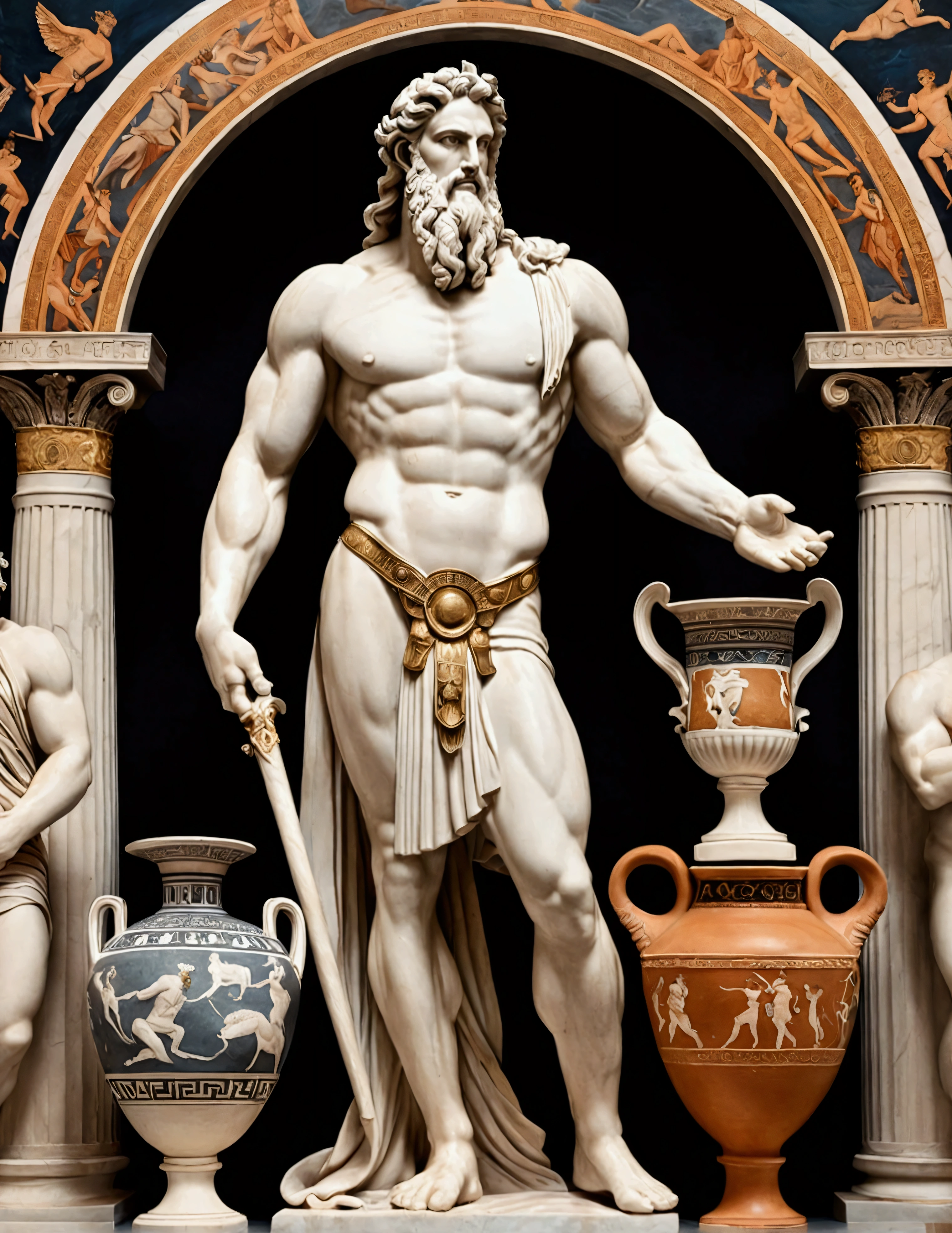 A detailed painting of ancient Greek art featuring a grand marble statue of a muscular Greek god (Zeus, Apollo), surrounded by Greek pottery (mythological scenes, vases, cups, bowls) and a Greek urn (mythological scenes)