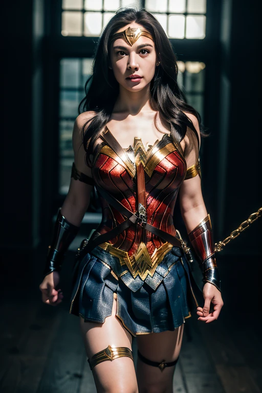 8k, (ultra-detailed,high-res,dark,fantasy:1.2), (Wonder Woman), (standing tied), (handcuff:1.1), tied, bound, (Wonder Woman with skirt:1.3), (Restrained:1.5), BDSM, (angle from up) , (dress up) , unnaked, , (angry), spread leg, chained,