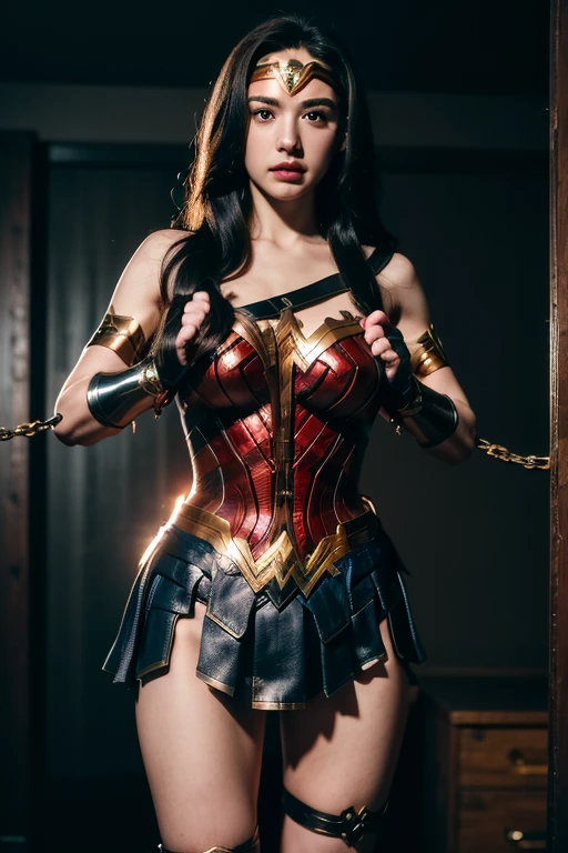 8k, (ultra-detailed,high-res,dark,fantasy:1.2), (Wonder Woman), (standing tied), (handcuff:1.1), tied, bound, (Wonder Woman with skirt:1.3), (Restrained:1.5), BDSM, (angle from up) , (dress up) , unnaked, , (angry), spread leg, chained,