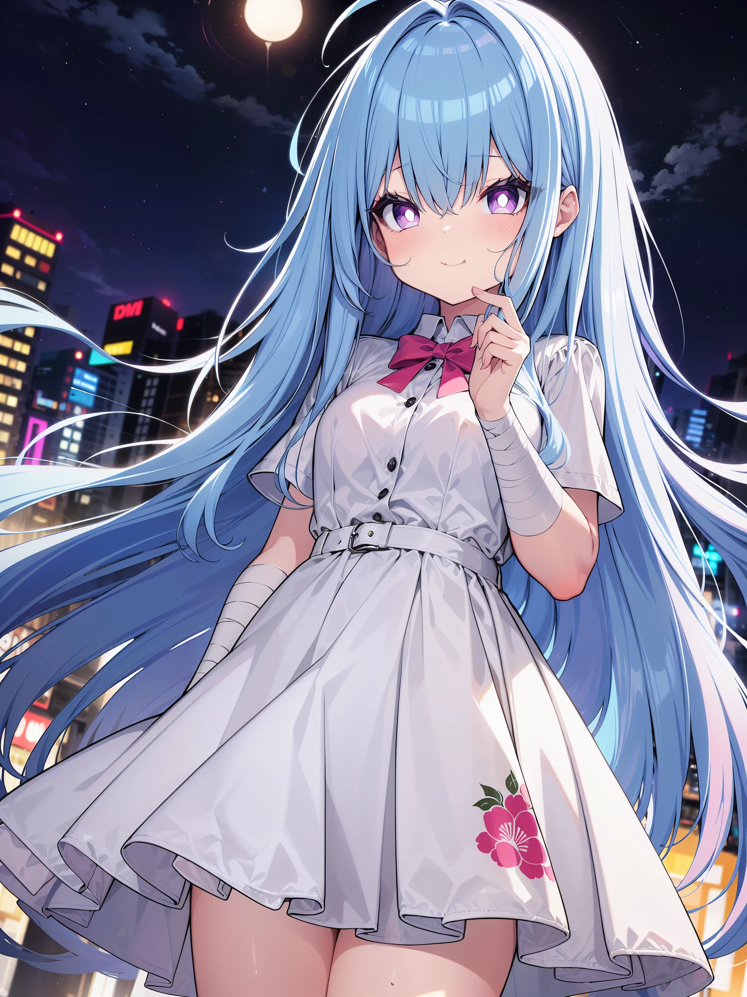 (cowboy shot), (colorful), (ultra-high resolution, depth of field:1.2), 1woman, pink bat girl with cute bat wings, soft girl aesthetic, bandages and face deco, (light blue and purple gradient hair), red eyes, white pupils, white blouse, jacket, long skirt, gentle smile, harajuku scenery, night time