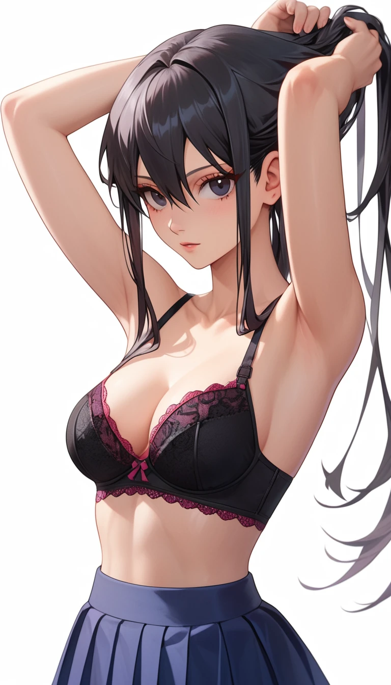 Masterpiece, Score_9, score_8_up, 8k, ultra-detailed, Ultra-high resolution, high-quality, 1girl, cute, perfect anatomy, black hair, black eyes, arms up, tying hair, arms up, wearing bra, highschool skirt, sexy, medium breasts