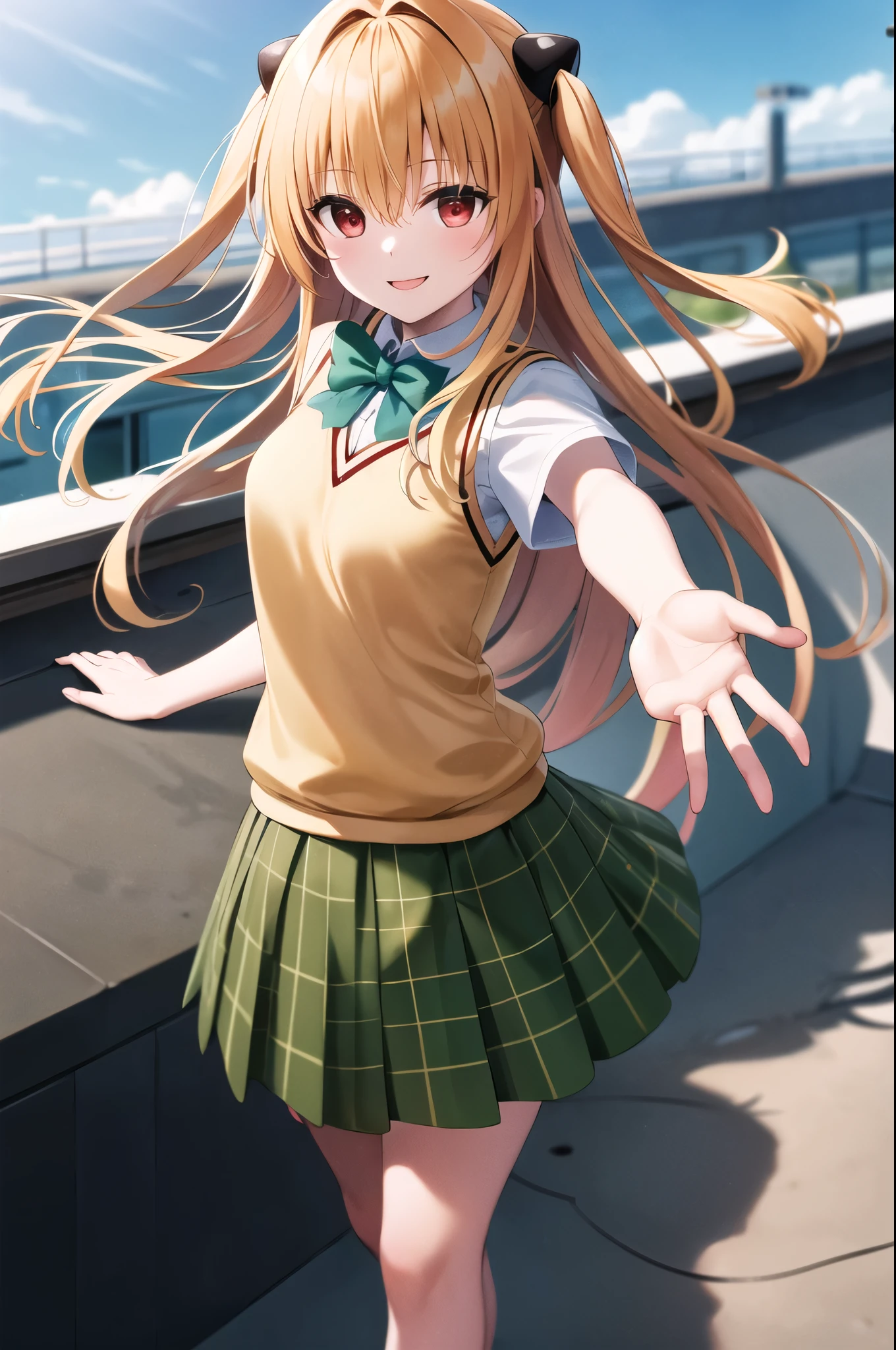 masterpiece, Highest quality, High resolution, Ayami, Very long hair, Both sides up, hair ornaments, , Green bow tie, White shirt, Sweater vest, Yellow vest, Short sleeve, Checked skirt, Green Skirt, Reaching out, rooftop, null, Are standing, Outstretched arms, smile, Open your mouth,