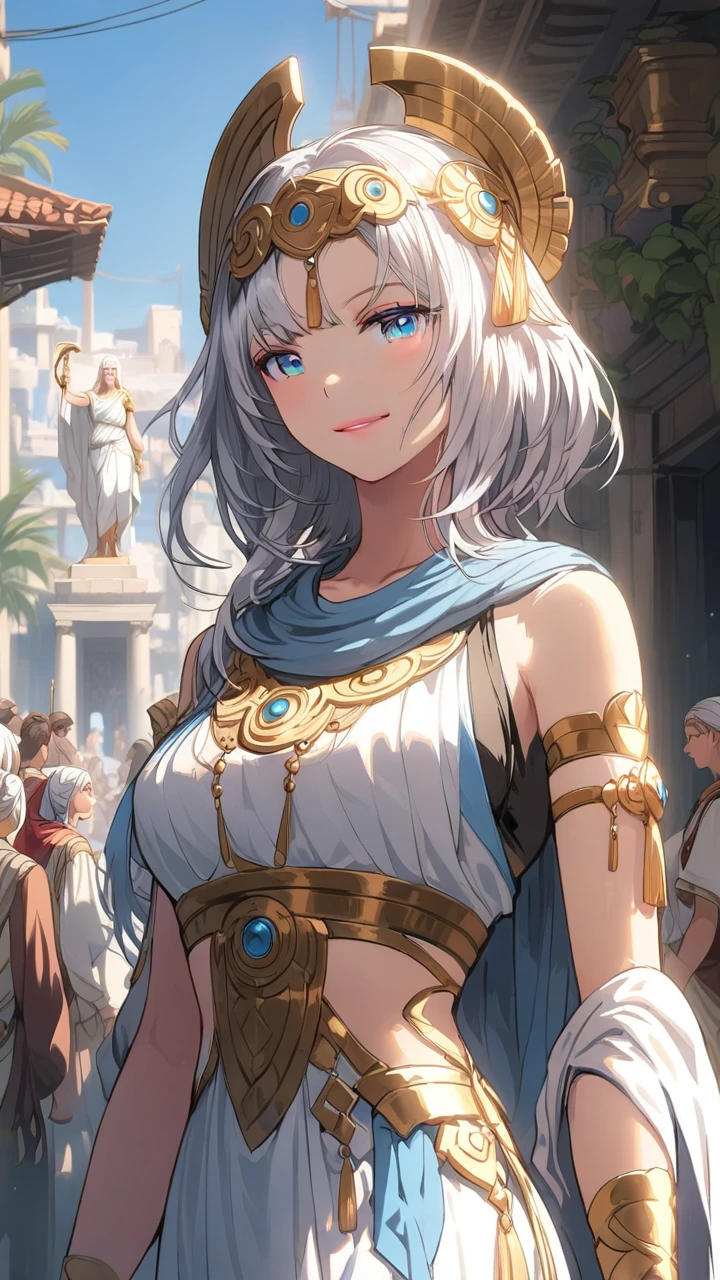 highest quality、masterpiece、1 girl、street background、white hair:1.5、blue eyes 、statue, ancient greek clothes 、Black and white world、Black and white world、medium hair 、side blade, smile, standing hair ornaments , half body:1.4, parted bangs, pink lips