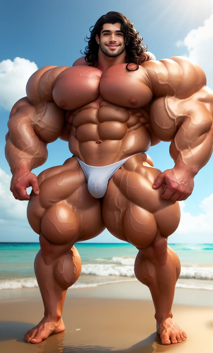 4 meter tall young huge man with a goatee and long curly black hair. Young face. Standing relaxed in a beach city. Muscular. Wearing a small shiny black latex thong. Big ass. Pale white skin. Smooth body and face. Long long legs. barefoot, small smile, big bulge in thong, show abs, wide huge shoulders, very tall. high detail face. show full height, full body view, same hight point of view. show full height from toe to head. Wet body. Huge protruding female tits and huge swollen nipples, thick neck, long body, long torso, long legs, fat ass, huge bubble butt, ten pack abs, soft muscles, tropical beach, realistic, body covered in droplets of water, both arms down