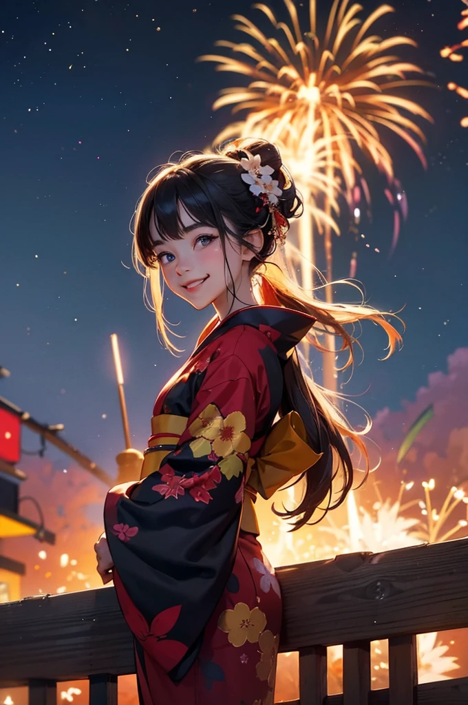 A smiling young girl in a kimono with a large amount of fireworks exploding in the night sky at a summer festival in the background
