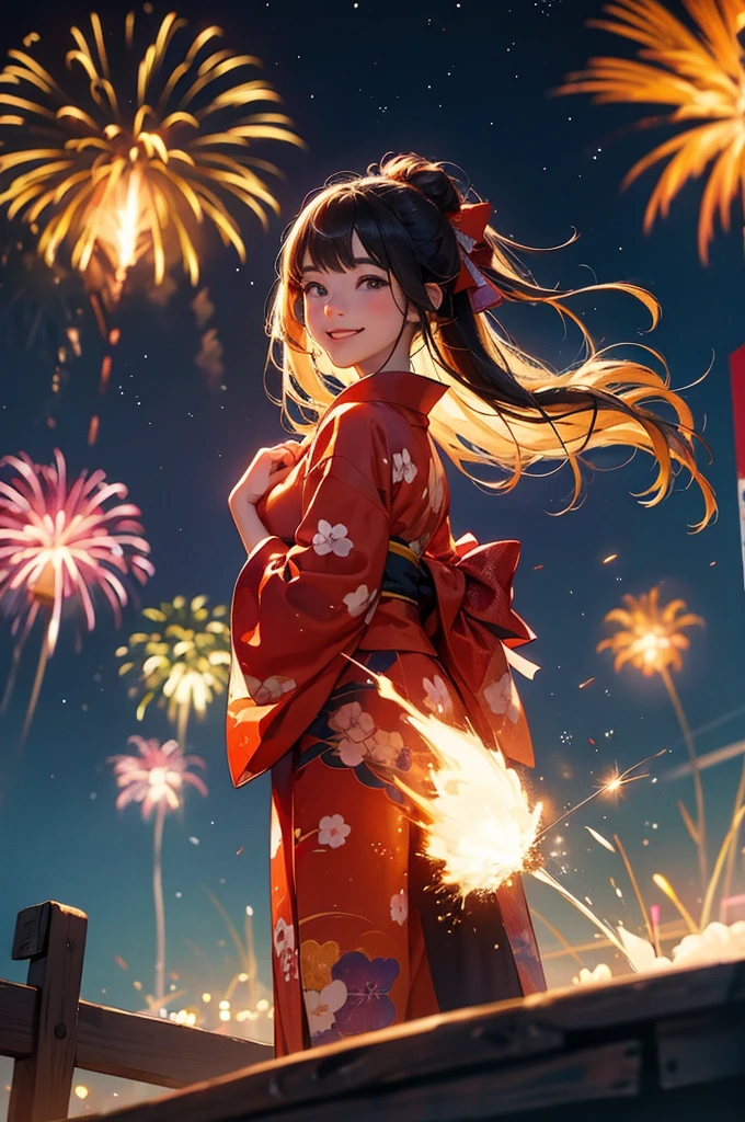 A smiling young girl in a kimono with a large amount of fireworks exploding in the night sky at a summer festival in the background