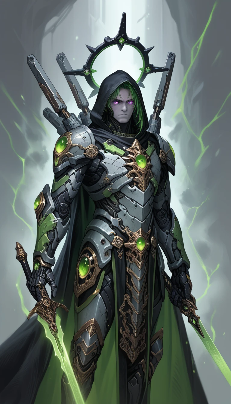 1 male,solo,grey skin, villian,black mechanical armor,full armor,detailed texture,fantasy,pale skin,energy veins on armor,black cloak,black hood, glowing purple eyes,black sclera,detailed,(machina),glowing green trim,detailed texture,black colour halo,detailed texture,headgear,standing,holding sword,runes