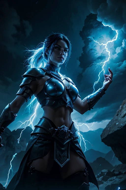 MILF, evil beautiful and muscular Nordic female storm giant with blue black hair in a ponytail, older and mature woman, throwing a lightning ball, glowing tattoos, wearing steel runic plate mail Armour , temple cave background with lightning storm, glowing blue eyes, square jaw, powerful and imposing , armored giant