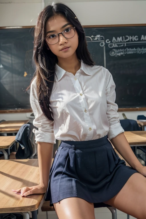 Sweet young Indonesian jakarta junior high school girl, sweet georgeus face, 14 years old, slim body, long slim legs, descent from minang, she has short lady Di's hairs style, round big briliant eyes, long eyelashes, nubian type beautiful nose, sexy red lips, wearing black sport shoes and short white socks, wearing glasses, wearing white buttoned shirt, wearing blue ripled skirt, siting cheerful straddeled spreading wide legs in classroom, wearing white lace panty exposed, very realistic, very detail, very natural, DSLR,