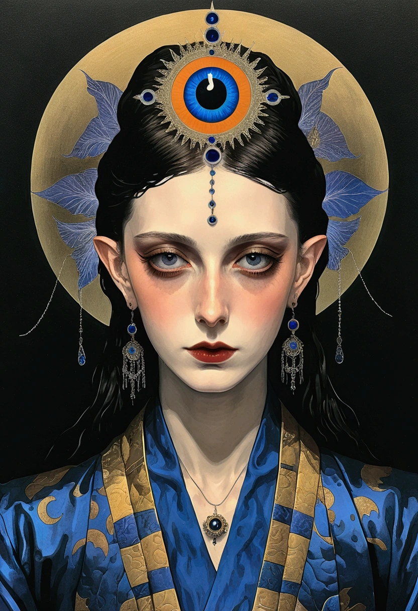 The art of math,Digital Illustration,Drawing,Decorative paintings,Watercolor,(((Harry Clark (Harry Clarke) style,圣地亚哥·卡鲁索style))),Simple,clean,Fine painting style,(((The third eye on the forehead。short hair,Pointed ears,robe))),Wide Angle,Black and blue,Solid color background,Human anatomy is correct