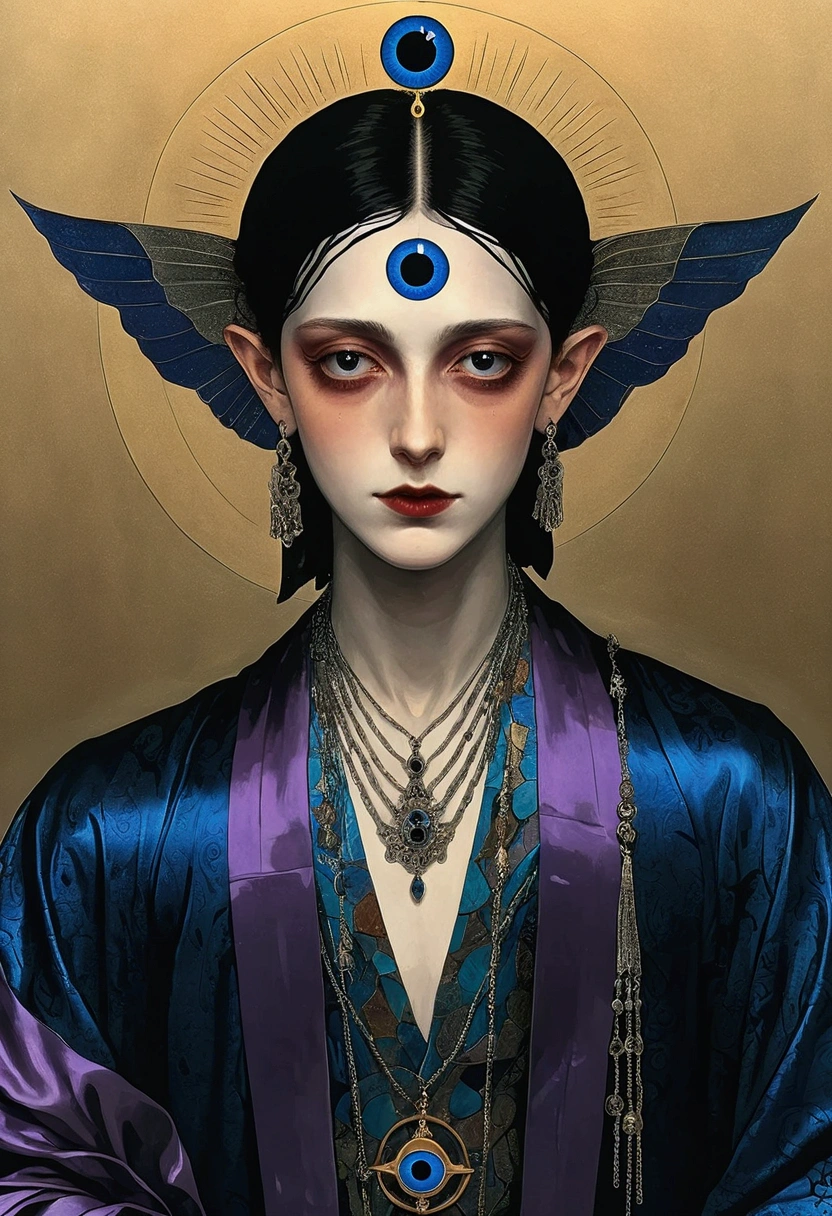 The art of math，Digital Illustration，Drawing，Decorative paintings，Watercolor，(((Harry Clark (Harry Clarke) style,圣地亚哥·卡鲁索style)))，Simple，clean，Fine painting style，(((The third eye on the forehead。short hair，Pointed ears，robe)))，Wide Angle，Black and blue，Solid color background，Human anatomy is correct