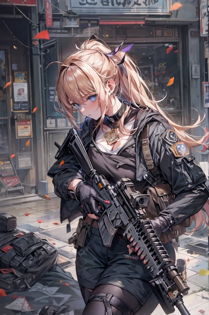 ((Highest quality))、((masterpiece))、(detailed)、((Anatomically correct))、(High resolution、8k)、(Beautiful Skin:1.1)、One woman、(Beautiful eyes:1.2)、(Assault rifle)、(Assault rifleを構える:1.3)、Splattering cartridge cases、Blonde、ponytail、Black short tank top、Erect nipples、Belly button、Black hot pants、Gunfight、Urban Warfare