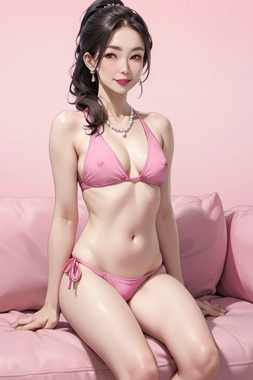 Beautiful 55 year old Japanese woman, 1 female, Married women, Long eyelashes, Low Ponytail, Flowing Hair, Red lipstick, Pink Cheeks, Pearl Necklace, Earrings, Dark eyeshadow, Small breastles, ((Coon swimwear)), Beautiful body, Sitting on the couch, ((Pink Background)), ((Full Body Focus)), Pussy, Browsing Caut