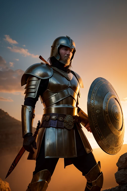 Ancient Greece, Sparta, Warrior, Hoplite, armor, shield, Battle Scenes, battlefield, Historic Battle, Brave pose, sunset, Dramatic lighting
