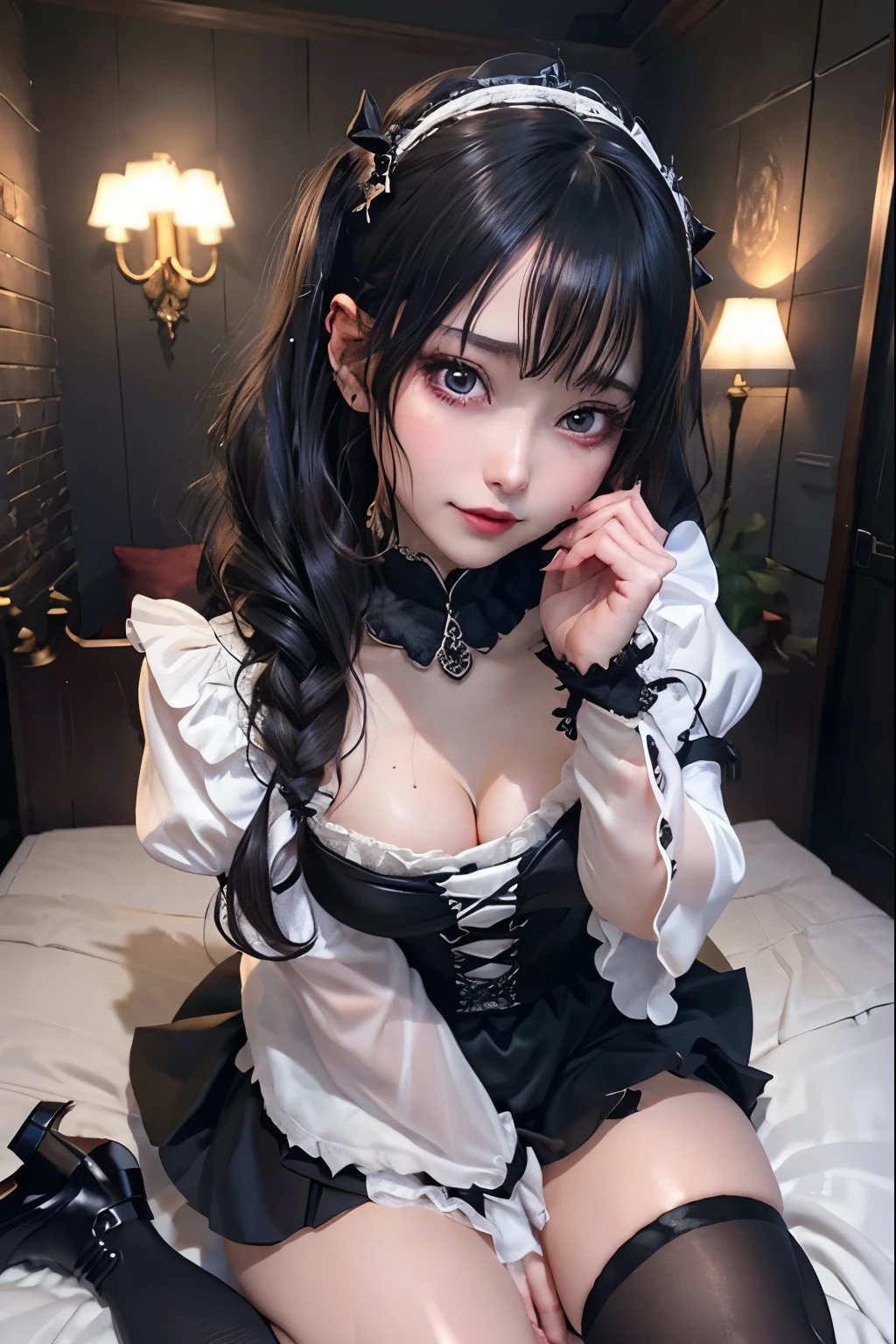 ハードなDark Gothicメイク、Black dark eyeshadow、sad、Good skin radiance、Dark Gothicメイク、Dark smile、palace、The beauty of fragrance、24-years-old、Expressions of intense sexual pleasure、Embarrassed look、Dark Gothic、Highest quality、Expression of sexual pleasure without pain、Drunk face、Purple maid outfit、mysterious、noble、Loving smile、Twin tail hair、Right eye is blue、Left eye is red、Super tempting pose、Platform heel shoes、Heavy makeup、Gothic Lolita Clothing、Silver Hair、Long Hair Straight Hair、Cute Gothic Lolita Dress、Beautiful Face、Elegant face、Attractive face、Stained glassの背景、Chest glistening with sweat、The room is dark、goth long dress、Bell Sleeves、Wizard Sleeve、Decadent look、Sexually excited expression、Wet shiny thigh water、Thighs that are wet and shiny with oil、Background of a room full of roses、Sad look、Rose Maiden、The embroidery is pink、The dress has pink embroidery.、Thigh-high socks、Knee-high socks、Gentle expression、Dark black eyeshadow、Stained glassとバラの背景、Thighs are a little thin、Female Duo、Female couple、dark church background、Stained glass、Black metal world、Dark Castle、Dark Room、Slender body、gothic long dress、Victorian dress、Small breasts、With a glass of wine in your right hand、With a lantern in his left hand、The bed is covered with roses、Her thighs are shining with sweat、My body is wet and shiny、There is a lot of glitter on the thighs、I am sweating、My thighs are sticky with sweat.、My thighs are glistening with sweat、My whole body is sweaty and shiny、I sweated a lot.、My thighs are sweaty、My wet thighs are glistening with sweat.、There is a lot of sweat shining all over my body、Slender body、I rest my head on the pillow、Sleeping in bed、Beautiful legs、Outstretched legs、Lying in bed、Lying on your back in bed、The legs are quite thin、Thin legs、On all fours、Knee Up、Kneel、Slender thighs、Put your arms behind your back、Kneel、