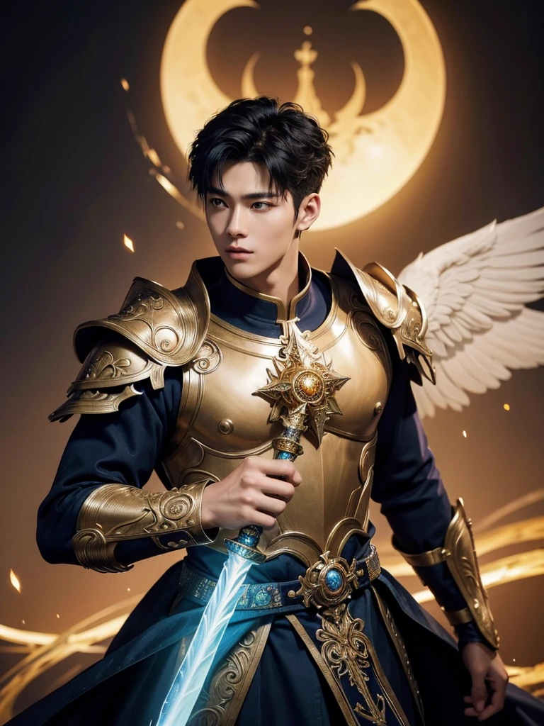 1 Handsome chinese slim guy, 20 years old, short hair, like Mighty Archangel Michael, handsome, kpop idol actor, many jawline, manly chin, Full Body Shoot, (eyes contact), detailed facial parts, Manly, bare chest, six packs attractive body and Quiff haircut :: high detail, is in highly detailed battle armor, holding a detailed flaming blue sword of golden pearls, detailed fingers, a flaming sacred aura radiating from his body, stylish model pose, moon background, surreal, fantasy, magical, intricate details, depth of field. Best quality, masterpiece, ultra high resolution, (anime realism, photorealistic: 1.4), perfect composition, centered, symmetry 