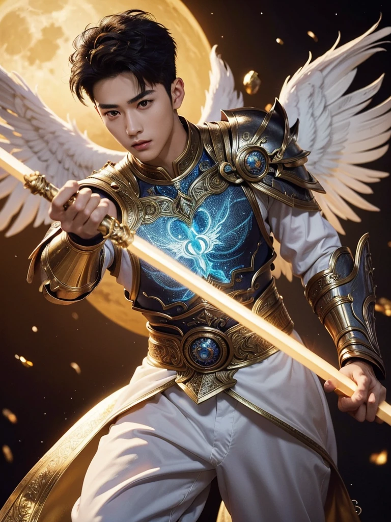 1 Handsome chinese slim guy, 20 years old, short hair, like Mighty Archangel Michael, handsome, kpop idol actor, many jawline, manly chin, Full Body Shoot, (eyes contact), detailed facial parts, Manly, bare chest, six packs attractive body and Quiff haircut :: high detail, is in highly detailed battle armor, holding a detailed flaming blue sword of golden pearls, detailed fingers, a flaming sacred aura radiating from his body, stylish model pose, moon background, surreal, fantasy, magical, intricate details, depth of field. Best quality, masterpiece, ultra high resolution, (anime realism, photorealistic: 1.4), perfect composition, centered, symmetry