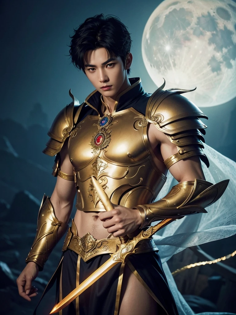 1 Handsome chinese slim guy, 20 years old, short hair, like Mighty Archangel Michael, handsome, kpop idol actor, many jawline, manly chin, Full Body Shoot, (eyes contact), detailed facial parts, Manly, bare chest, six packs attractive body and Quiff haircut :: high detail, is in highly detailed battle armor, holding a detailed flaming blue sword of golden pearls, detailed fingers, a flaming sacred aura radiating from his body, stylish model pose, moon background, surreal, fantasy, magical, intricate details, depth of field. Best quality, masterpiece, ultra high resolution, (anime realism, photorealistic: 1.4), perfect composition, centered, symmetry
